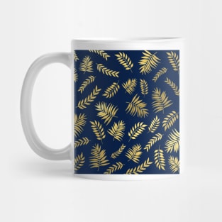 Abstract Leaves Pattern In Gold Foil Texture and Royal Blue Background Mug